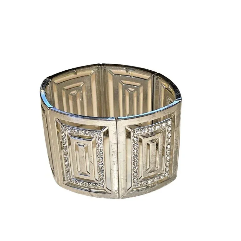 Silver Cube Block Clear Rhinestone MCM Retro Prom Bridal Stretch Bracelet